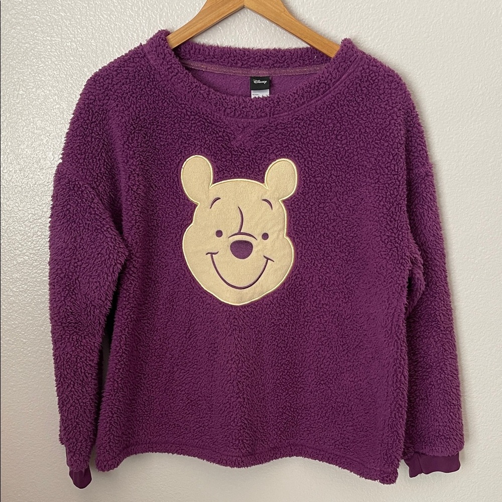 Disney Winnie the Pooh purple faux Sherpa embroidered graphic sweatshirt L